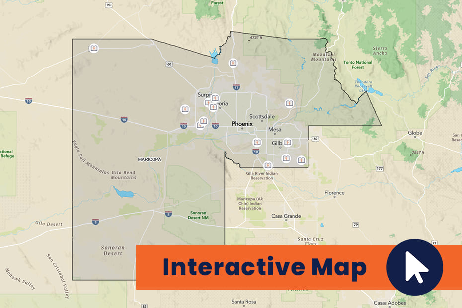 A map of Maricopa County with each Maricopa County Library District library shown in its geographic location.