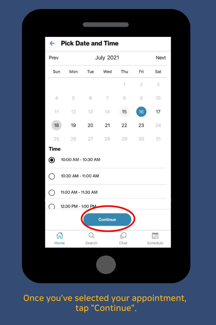 Once you've selected your appointment, tap 'Continue'.