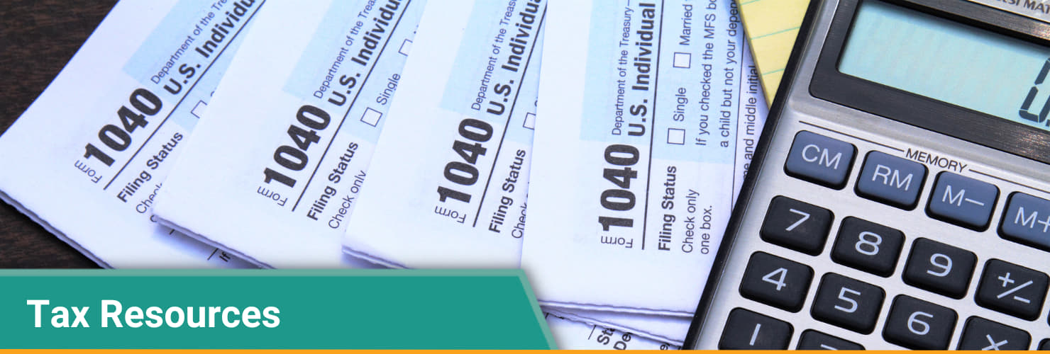 image of a calculator, tax form and money with the words Tax information
