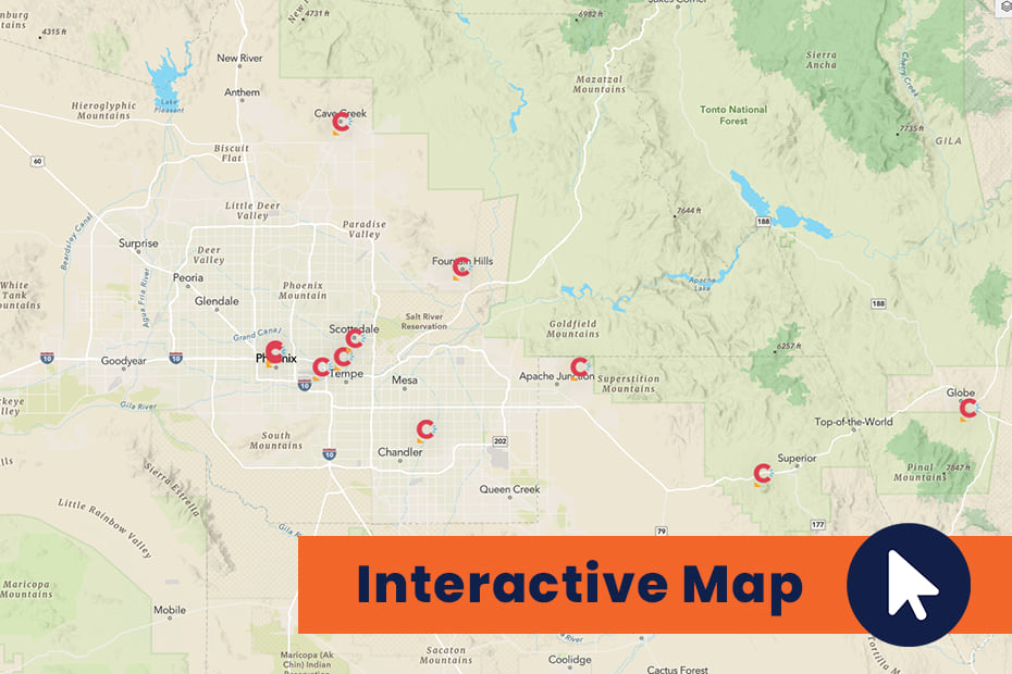 Image showing a geographic map of all Culture Pass locations offered by the Maricopa County Library District.